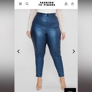 Fashion to Figure 5 pocket coated pants in a metallic blue , women plus size 2